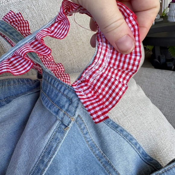 Levi's Customized Blue Overalls with Hand-sewn Red and White Strawberry Details - Picture 13 of 16